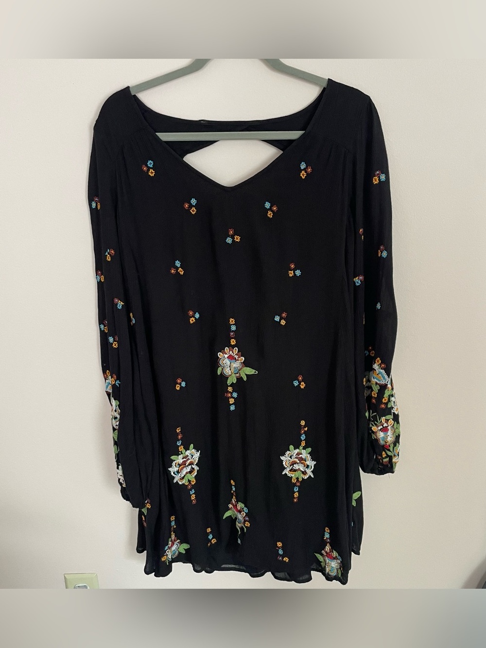 Free People Black Long-Sleeve Floral Embroidered Dress